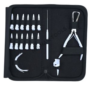 Kit d'outils professionnels pour extensions de cheveux : Pince à micro-perles blanches, outil de tirage à boucle, aiguilles à doigts pour séparation, dans un étui de transport - Product Image 1