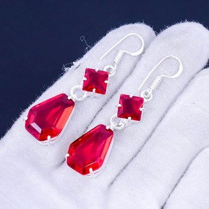 Boucles d'oreilles pendantes en argent sterling 925 avec grenat rouge, bijoux faits à la main, boucles d'oreilles pour femmes, vente en gros - Product Image 5