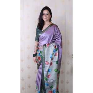 Sari en soie Tussar douce lavande tissé Kalamkari avec imprimé Zari unique Elite Weaves 450g pour tenue de soirée sur Shopify - Product Image 2