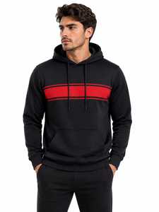 Men's Color Block <b>Hoodie</b> Black <b>Red</b> Striped Pullover Hooded Sweatshirt Drawstring Kangaroo Pocket Custom Wholesale Fleece Casual - Product Image 1