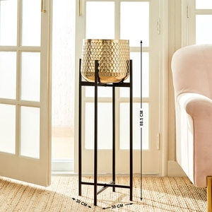Tall <b>Honeycomb</b> Hammered Gold Metal Planter Pot with Black Iron Stand – Modern Brass Finish <b>Decorative</b> Indoor Plant Holder. - Product Image 2