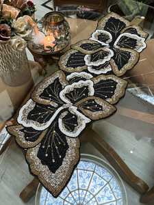 <b>Black</b> Gold Embroidered Floral Table <b>Runner</b> Rectangle Fabric Mats Handmade Glam Design - Product Image 6
