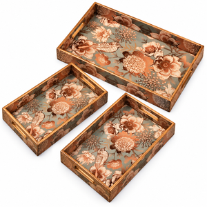 Plateau de service contemporain en bois artisanal imprimé avec des motifs d'oiseaux et de fleurs, avec poignée, pour la décoration de la maison, pour les célébrations de Diwali et de mariage - Product Image 4