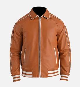 Blouson aviateur en cuir PU marron pour homme, col rabattu, fermeture éclair, vêtement décontracté pour l'automne - Product Image 1