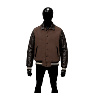 Chaqueta Varsity Personalizada Marrón y Negra para Hombre, Mangas de Cuero, Cuerpo de Lana, Botones a Presión, Cuello Camisero, Ropa Casual de Otoño, Estilo Urbano - Product Image 1