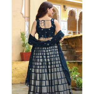 Outstanding Zeel Clothing Teal Blue Embroidered Georgette Semi-Stitched <b>Wedding</b> Lehenga Choli - Product Image 4