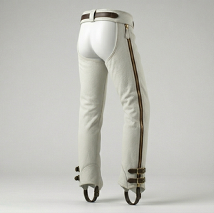 White Genuine Leather English <b>Riding</b> <b>chaps</b> with Zipper Closure and Adjustable Straps for Men - Product Image 2