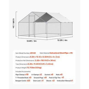 Grande Pollaio in Metallo con Tetto a Spiovente 9.8x13.1x6.5 ft, con Recinto e Chiusura di Sicurezza, Copertura per Area Esterna delle Galline - Product Image 4
