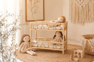 Lit superposé pour poupées en rotin naturel avec coussin, mini étagère de rangement, lit double tressé vintage pour maison de poupée, pour jeu d'imitation en crèche - Product Image 3