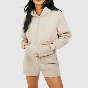 Ensemble court à capuche oversize en molleton de coton 300 GSM pour femme, personnalisé, le plus vendu, en toile unie, faible MOQ, ensembles pour femme - Product Image 1