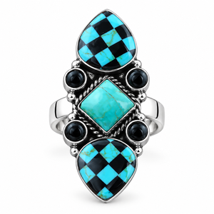 Anillo de Piedra Azul Turquesa a Cuadros, Estilo Ajedrez Occidental, Hecho a Mano, Anillo de Diseño, Joyería Boho del Suroeste con Piedras Preciosas, Regalo para Chica - Product Image 3