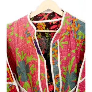 Hand Quilted <b>Mandarin</b> <b>Collar</b> Kantha Block Print Indian Women's Eco-Friendly 100% Cotton Quilted <b>Jacket</b> Spring Autumn Winter - Product Image 2