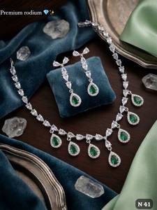 Premium Rhodium Plated Cubic Zirconia Emerald Green Tear Drop Necklace Earrings Set for Women - Bridal & Partywear Indian <b>Costum</b> - Product Image 4