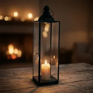 Lanterne noire en fer et verre au design artisanal avec panneaux décoratifs pour la maison, les mariages, les cadeaux de Noël et la décoration - Product Image 1