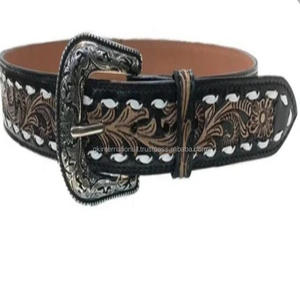 Artisanat de haute qualité motif en relief motif personnalisé noir marron pleine fleur véritable ceinture d'outillage en cuir occidental - Product Image 5