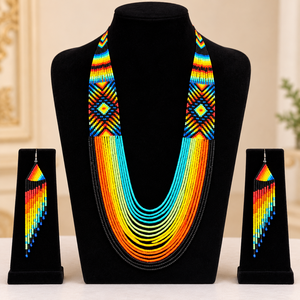 Conjunto de collar y pendientes de cuentas geométricas étnicas vintage de moda para mujer, con colgante de arcoíris colorido y pendientes colgantes a juego para fiesta - Product Image 2