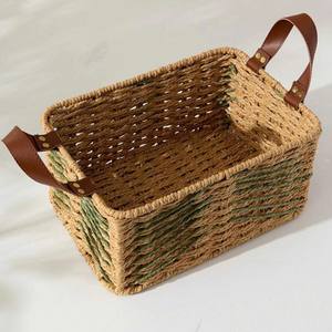 Cesta de almacenamiento decorativa de junco marino con asas de cuero, organizador de estantería rústico para decoración de mesas en guarderías y hogares - Product Image 3
