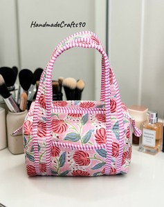 Mini <b>Duffle</b> <b>Bag</b> Handmade Quilted Cotton Fabric Floral Print Travel <b>Bag</b> <b>Women</b> <b>Small</b> Size Duffel Handbag Lightweight Weekend <b>Bag</b> - Product Image 1
