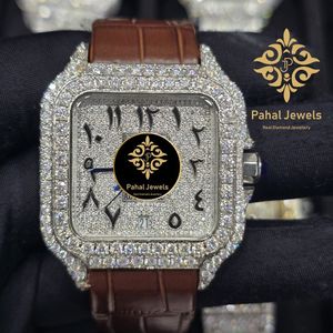 Montre de luxe Pahal Jewels avec moissanite carrée, boîtier en acier inoxydable, bracelet en cuir 20 mm, verre saphir, mouvement mécanique analogique, date - Product Image 1