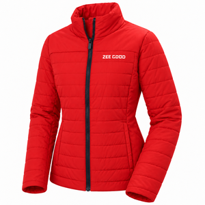 Chaqueta acolchada roja de alta calidad para mujer, con cuello alto, manga larga, cortavientos, con cierre, para invierno. - Product Image 2