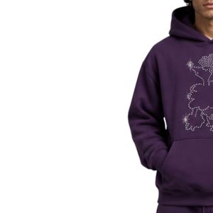 Sweat à capuche violet à strass pour homme, coupe oversize, en polaire, avec logo personnalisé, streetwear, épais, décontracté, hiver - Product Image 3