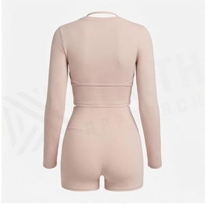 Conjunto de Yoga de 2 Piezas, Top Corto con Cuello Redondo y Manga Larga, Pantalones Cortos de Cintura Alta, Color Sólido, Sin Costuras, Elástico, Ropa Deportiva para Mujer - Product Image 6