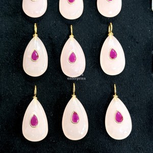Natural <b>Rose</b> Quartz Pear Gemstone Pendant Stone Inlay Gold Plated 925 Sterling Silver Minimalist <b>Top</b> Trending Stone Charms 18mm - Product Image 3