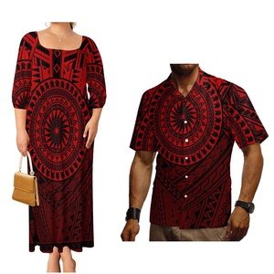 Ensemble polynésien de luxe : Robe ample à volants pour femme (grandes tailles) et chemisier décontracté pour homme, motifs de tatouages polynésiens et samoans - Product Image 4