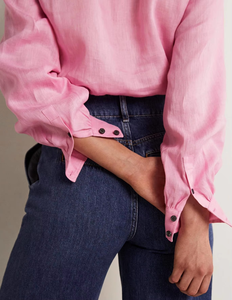 Blusas de Popelina de Algodón y Lino de Alta Calidad para Mujer, Tops de Otoño en Rosa con Cuello Alto y Volantes, Logotipo Personalizado, Tallas Grandes - Product Image 3