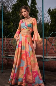 Digital Printed Georgette Lehenga Choli Set Women Festive Crop <b>Top</b> and Maxi Skirt Ethnic Party Outfit - Product Image 1