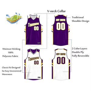 Camiseta de Baloncesto Sublimada Personalizada, Blanca, Morada y Amarilla, Cuello en V, Sin Mangas, Malla Transpirable, 100% Poliéster, Nombre del Equipo 00 - Product Image 3