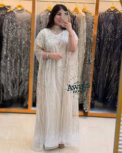 Robe de soirée de luxe AWAIS, coupe empire, longueur ras du sol, col rond, soutien-gorge intégré, broderie florale, perles de cristal - Product Image 3