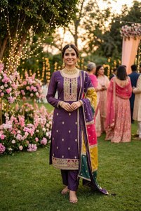 Nuevo diseño de moda, tela de seda chinon pesada, estilo de cuello redondo, corte recto, borde de alta calidad, salwar kameez para colecciones de boutique. - Product Image 3