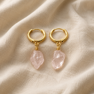 Raw Rose Quartz Hoop <b>Earrings</b>, Silver Plated Pink Crystal Hoops, Wire Wrapped Gemstone <b>Earrings</b>, Natural - Product Image 1