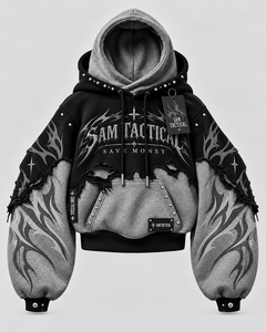SAM TACTICAL Gothic Hooded <b>Sweatshirt</b> Oversized Lantern Sleeve Cut Out Print Men's Autumn Knitted <b>Black</b> Gray Wholesale Rate - Product Image 1