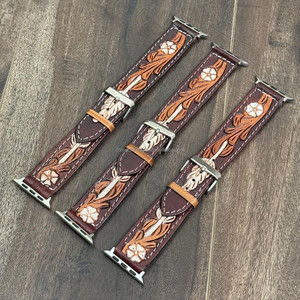 2025 Men's Luxury Floral Design Hand Tooled Leather Watch <b>Strap</b> Quick Release Pin <b>Buckle</b> Cowhide Leather Replacement Watch Bands - Product Image 4