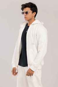 Sudadera con Capucha Blanca para Hombre, Cierre de Cremallera, Corte Holgado, 100% Algodón, Felpa Francesa, Estilo Casual para Otoño, Tejido de Punto, Color Sólido - Product Image 5