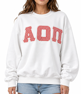 เสื้อสเวตเชิ้ตคอกลมสีขาวสำหรับผู้หญิง ลายตารางแดง ปักอักษร Alpha Omicron Pi ด้านหน้า สไตล์ลำลองสำหรับฤดูใบไม้ร่วง ผลิตจากผ้าฝ้ายถัก - Product Image 4