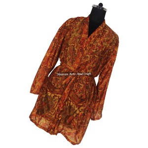 KS010 2026 Vintage Silk Sari Floral Print Short Vintage Sari Kimono Long Beach Cover Up Dress Ethnic Indian Maxi Bathrobe Dress - Product Image 2