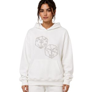 Sweat-shirt oversize blanc pour femme avec motif de dés en strass, en molleton de coton premium, décontracté, streetwear d'hiver - Product Image 1