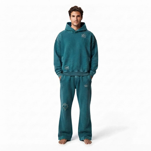 Men's Relaxed Fit Acid Wash Distressed Tracksuit Drop Shoulder Kangaroo Pocket Hoodie And <b>Wide</b> <b>Leg</b> <b>Jogger</b> Two Piece - Product Image 3