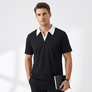 Chemise noire à manches courtes pour homme, col blanc, décontractée, tricotée, 100% coton, respirante, couleur unie, coupe classique, design élégant, 220g - Product Image 5
