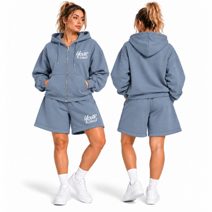 Women Fleece <b>Zip</b>-Up Hoodie and <b>Shorts</b> Set Casual Two Piece Sweatshirt Outfit Solid Color Loose Fit Spring Summer Wear - Product Image 6