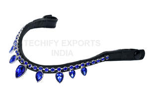 Frontal de cheval haut de gamme en cuir noir avec strass en cristal bleu, frontal incurvé pour bride anglaise, équipement équestre - Product Image 3