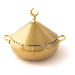 Gold Color Casserole Dish with Crescent <b>Lid</b> Arabic Hammered Hotpot Traditional Serveware for Ramadan & Royal Dining - Product Image 1