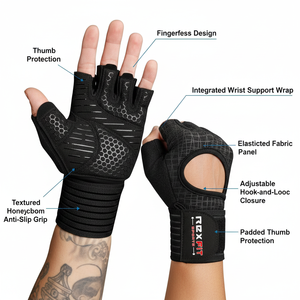 REXFIT Half <b>Finger</b> Gym Gloves PU Leather Breathable Mesh Adjustable Hook Loop Wrist <b>Strap</b> Unisex for Weight Lifting Fitness - Product Image 2