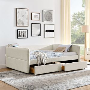 Divano letto imbottito trapuntato Queen Size con letto estraibile 88"x65.5"x29.5" in tessuto bouclé beige, con due cassetti - Product Image 2