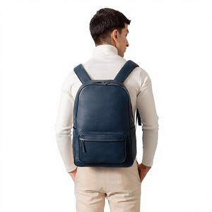 Modern Unisex Genuine Leather Tactical Sports <b>Backpack</b> Solid Navy Blue Zipper Closure Front Pocket Adjustable <b>Strap</b> Durable - Product Image 4