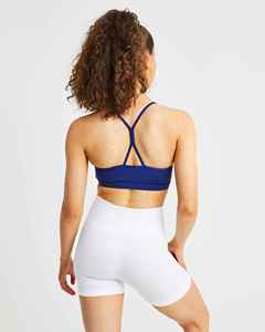 Women's Blue <b>White</b> <b>2</b> <b>Piece</b> Sports <b>Set</b> Halter Crop Top High Waist Shorts Solid Color Knitted Breathable Summer Wear - Product Image 2
