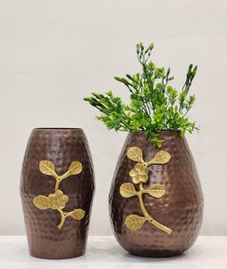 Modern <b>Bronze</b> Tabletop <b>Vase</b> Set With Gold Leaf Design Handmade For Housewarming Decor - Product Image 2